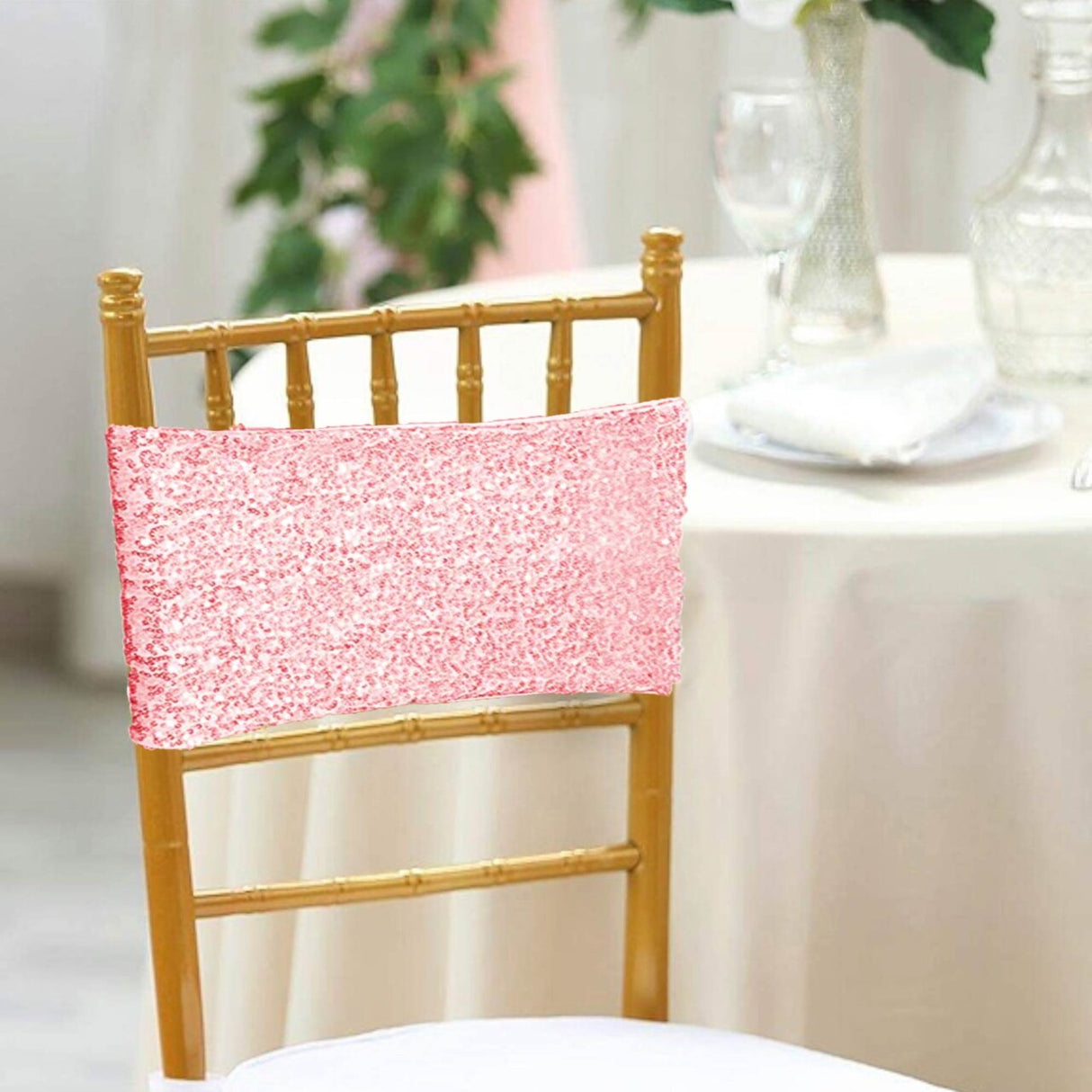 10 Pieces Sparkling Pink Sequin Stretch Spandex Chair Bands 7 x 13 Inches