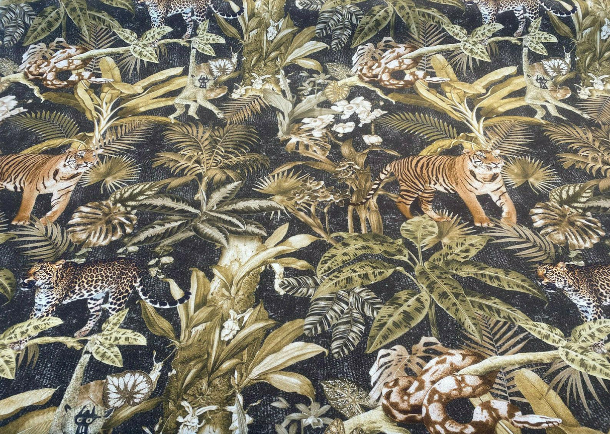 Serengeti Jungle Tiger Leopard Cotton Fabric - Green Moss Brown Black Animal Print, 54" Width, 26" Horizontal Repeat, 26" Vertical Repeat (1 Yard)