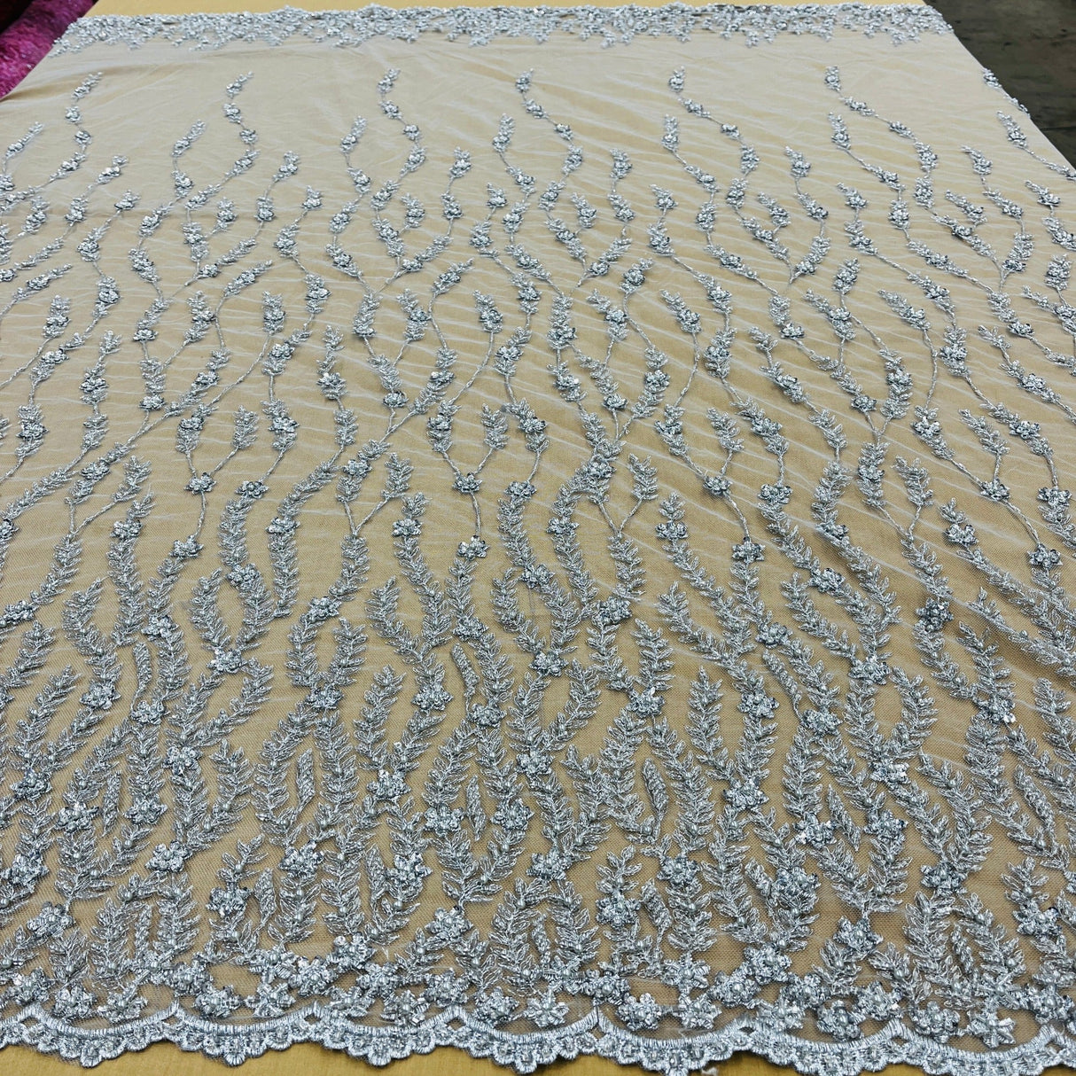 Beaded Lace Fabric on Polyester Net Mesh 50"