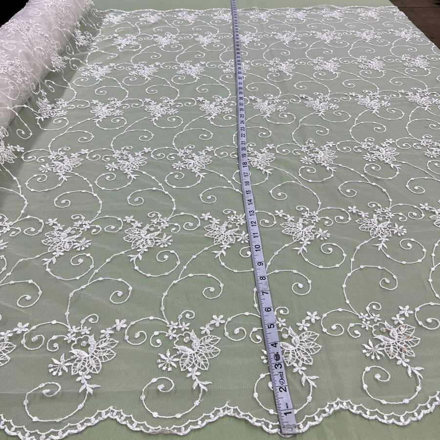 1 Yard - Beaded Lace Fabric Embroidered on 100% Polyester Net Mesh - Ivory - 52"