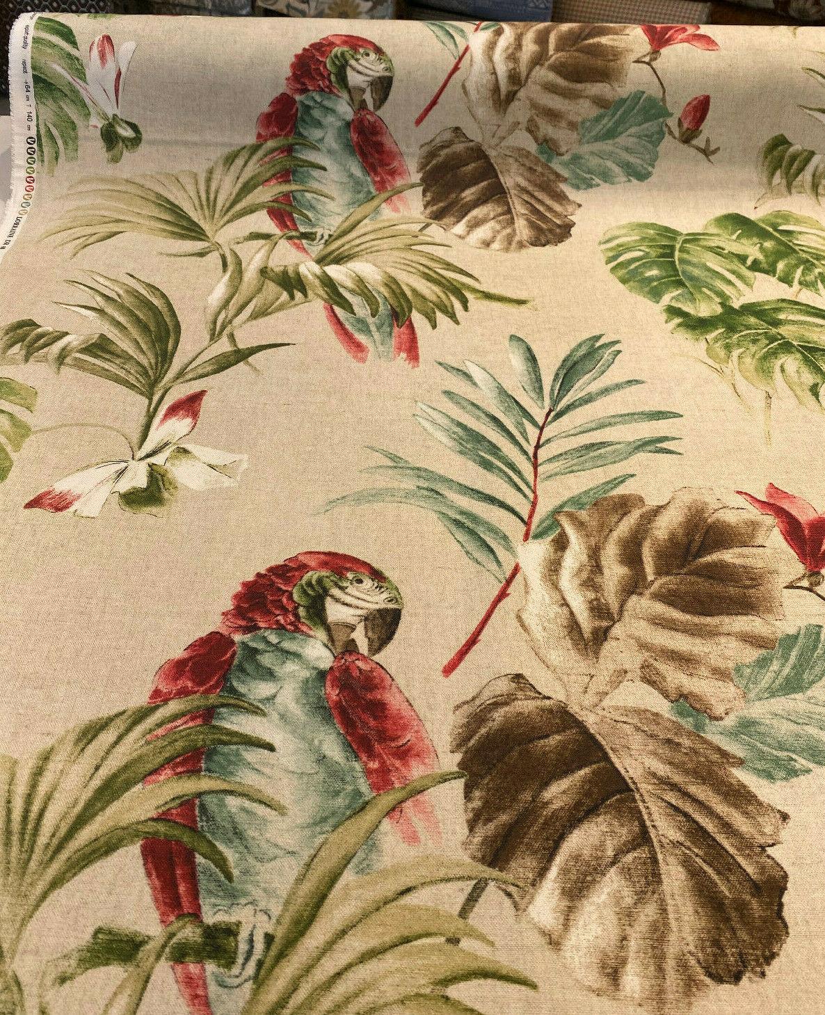 Lorraine Scarlet Macaw Birds Cotton Fabric - Red Green Macaw Parrot With Green Brown And Teal Flowers, 54" Width (1 Yard)