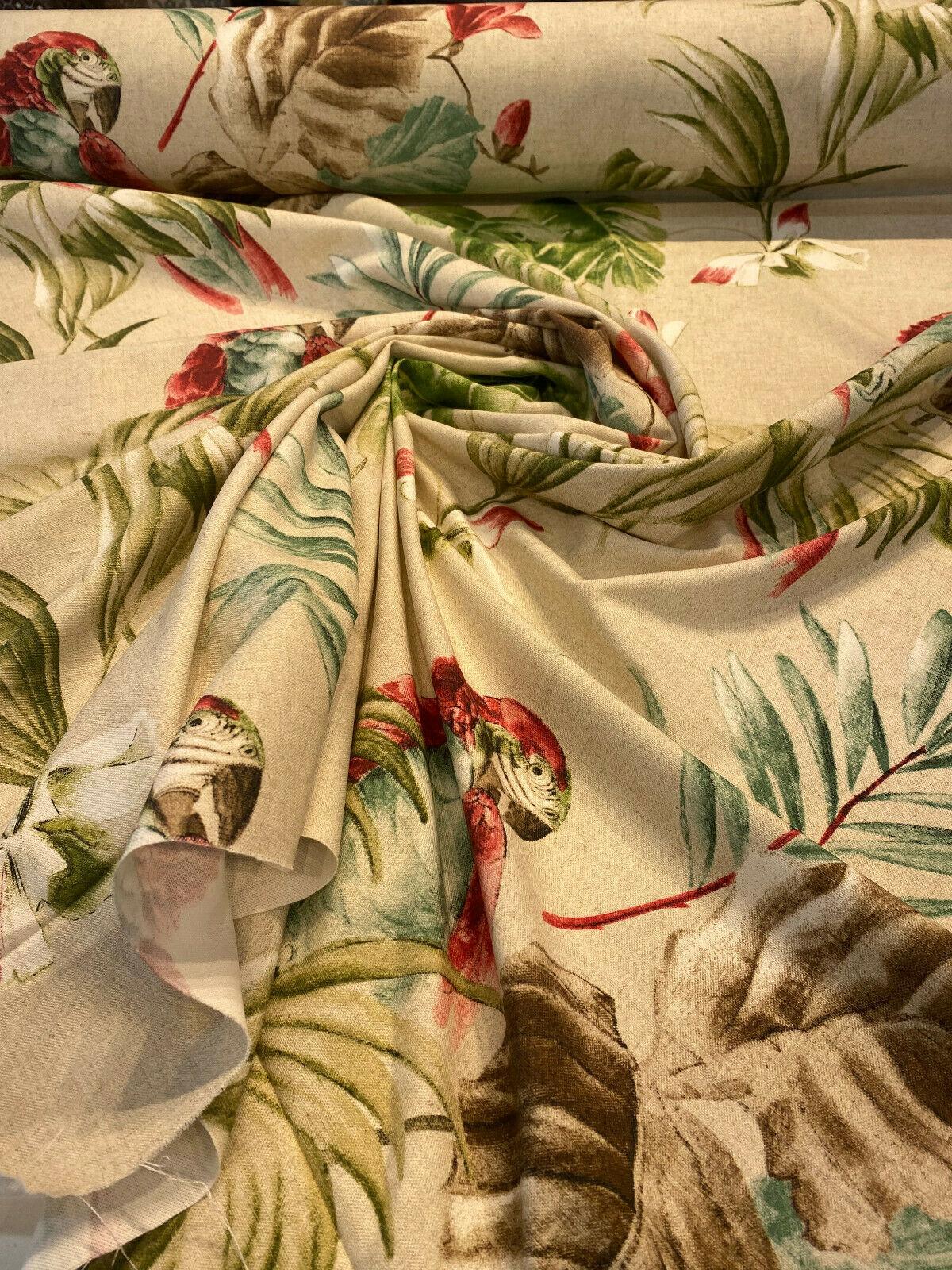 Lorraine Scarlet Macaw Birds Cotton Fabric - Red Green Macaw Parrot With Green Brown And Teal Flowers, 54" Width (1 Yard)