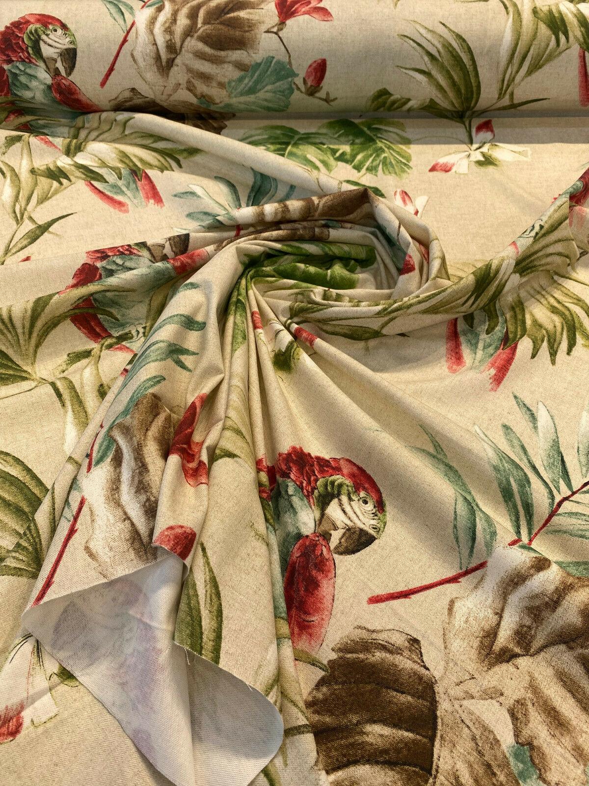 Lorraine Scarlet Macaw Birds Cotton Fabric - Red Green Macaw Parrot With Green Brown And Teal Flowers, 54" Width (1 Yard)