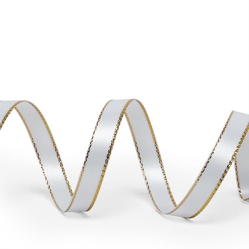 Gold Edge Satin Ribbon – White, 3/8'' x 50 yd (1 Roll)