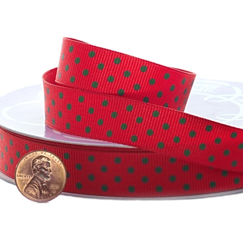 Polka Dot Grosgrain Ribbon – Red / Hunter, 3/8'' x 25 yd (1 Roll)