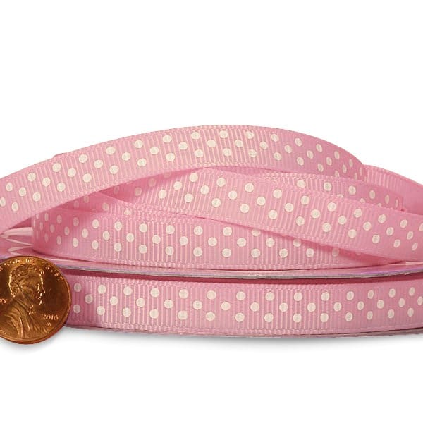 Polka Dot Grosgrain Ribbon – Baby Pink / White, 3/8'' x 25 yd (1 Roll)