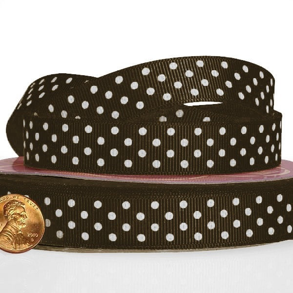Polka Dot Grosgrain Ribbon – Seal Brown / White, 3/8'' x 25 yd (1 Roll)