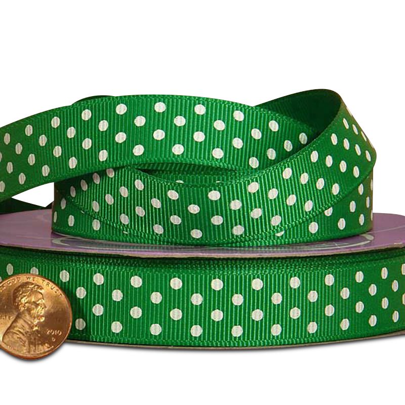 Polka Dot Grosgrain Ribbon – Emerald / White, 3/8'' x 25 yd (1 Roll)