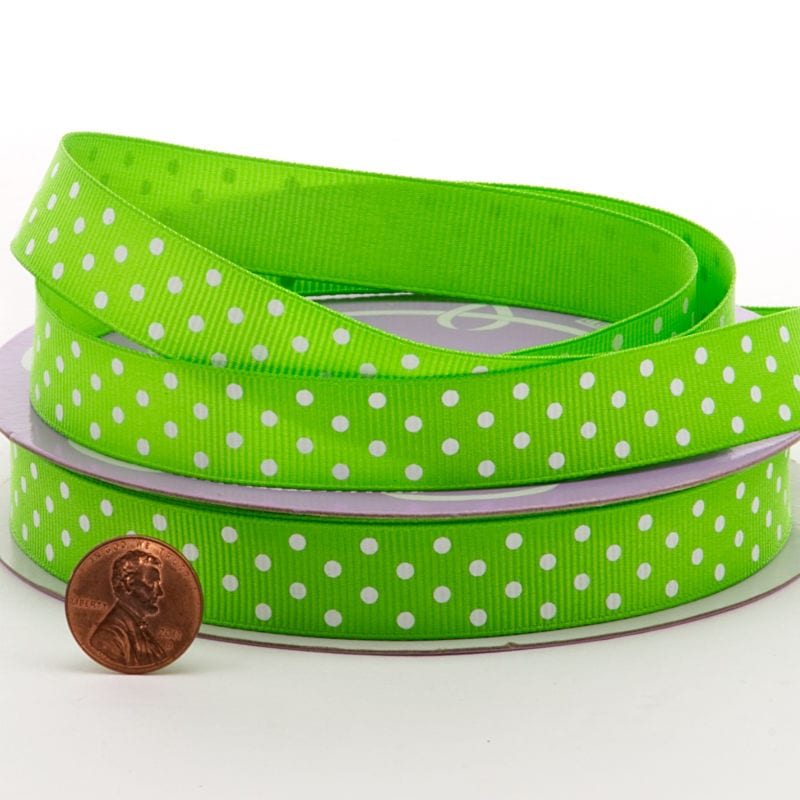 Polka Dot Grosgrain Ribbon – Lime / White, 3/8'' x 25 yd (1 Roll)