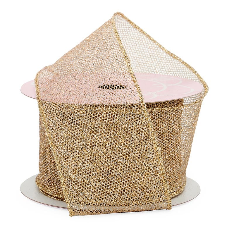 Glitter Fine Mesh Wired Ribbon 2 1/2 '' X 10 yd Light Gold Color 1 / ROLL