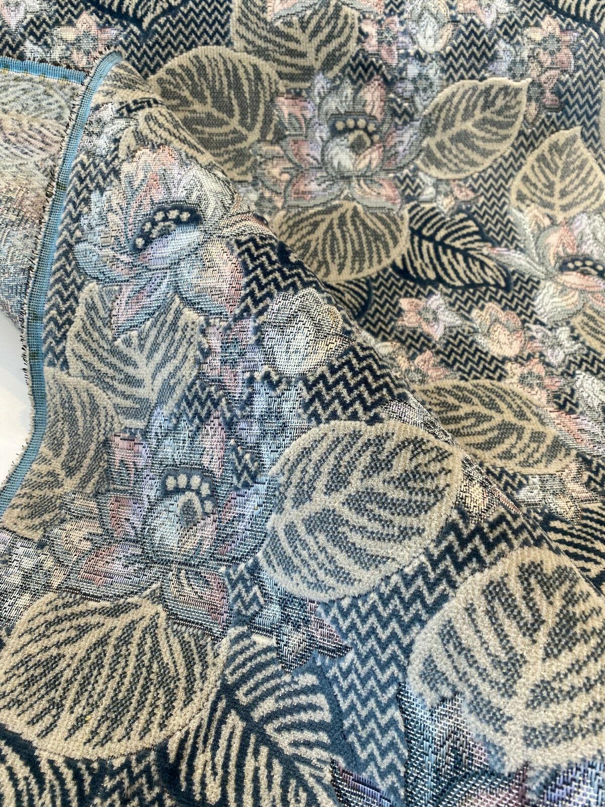 Blue Floral Embossed Velvet Fabric - Blue, Beige, Navy, Pink, Lavender Floral Pattern, 58" Width (1 Yard)