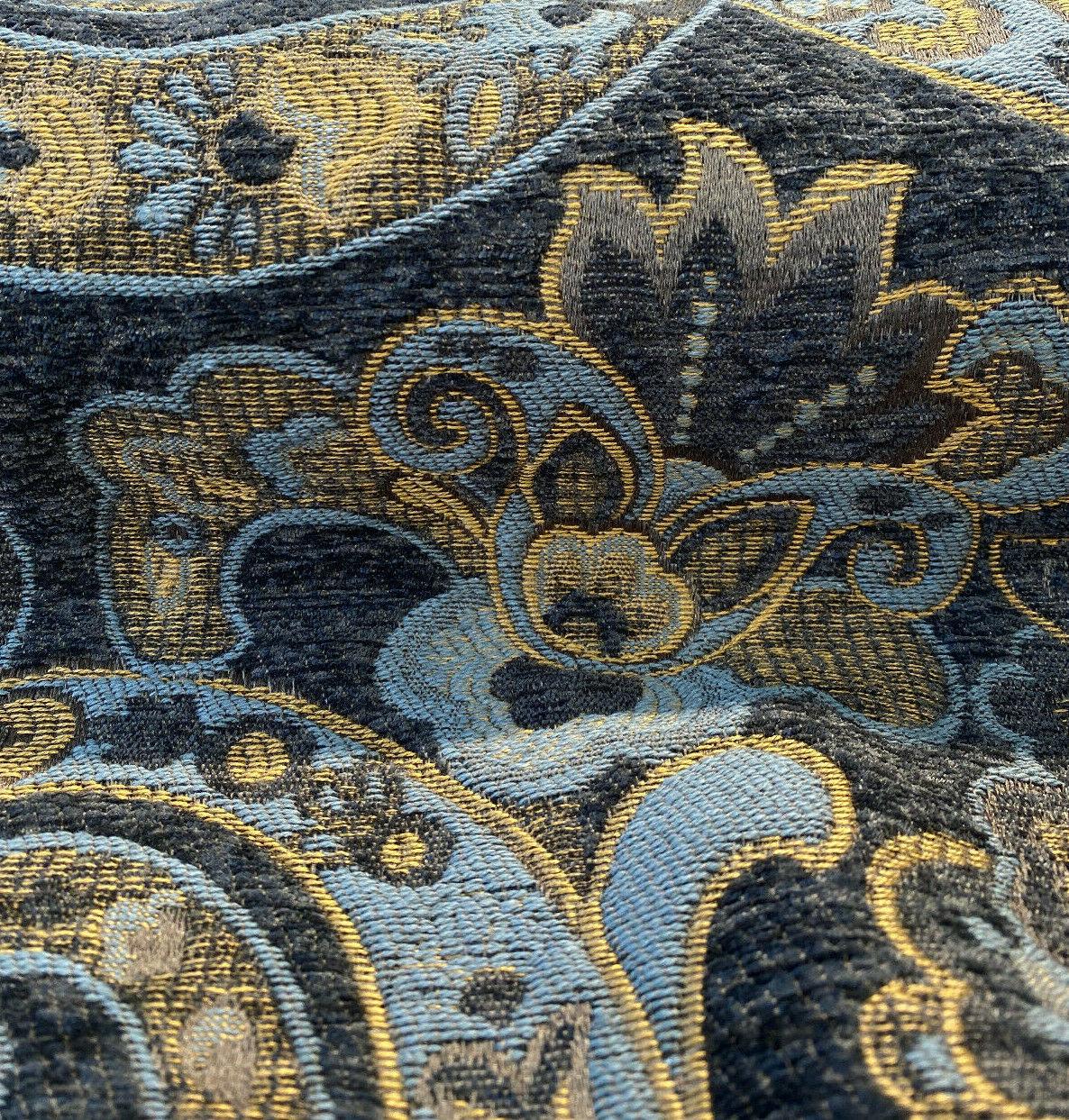 Barrow Reverly Chenille Fabric - Prussian Paisley, Dark Charcoal Brown With Blue And Gold Design, 27" Horizontal Repeat, 22" Vertical Repeat (1 Yard)