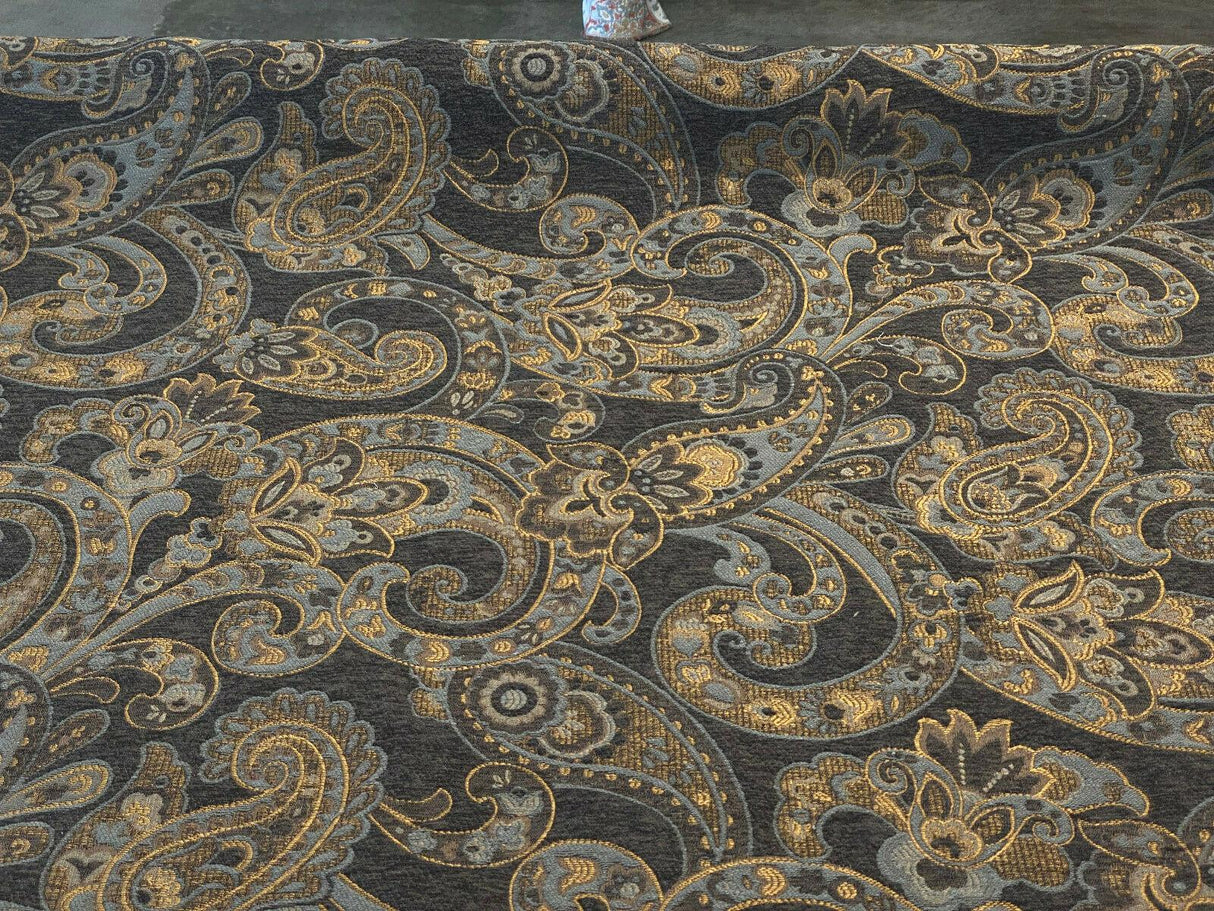 Barrow Reverly Chenille Fabric - Prussian Paisley, Dark Charcoal Brown With Blue And Gold Design, 27" Horizontal Repeat, 22" Vertical Repeat (1 Yard)