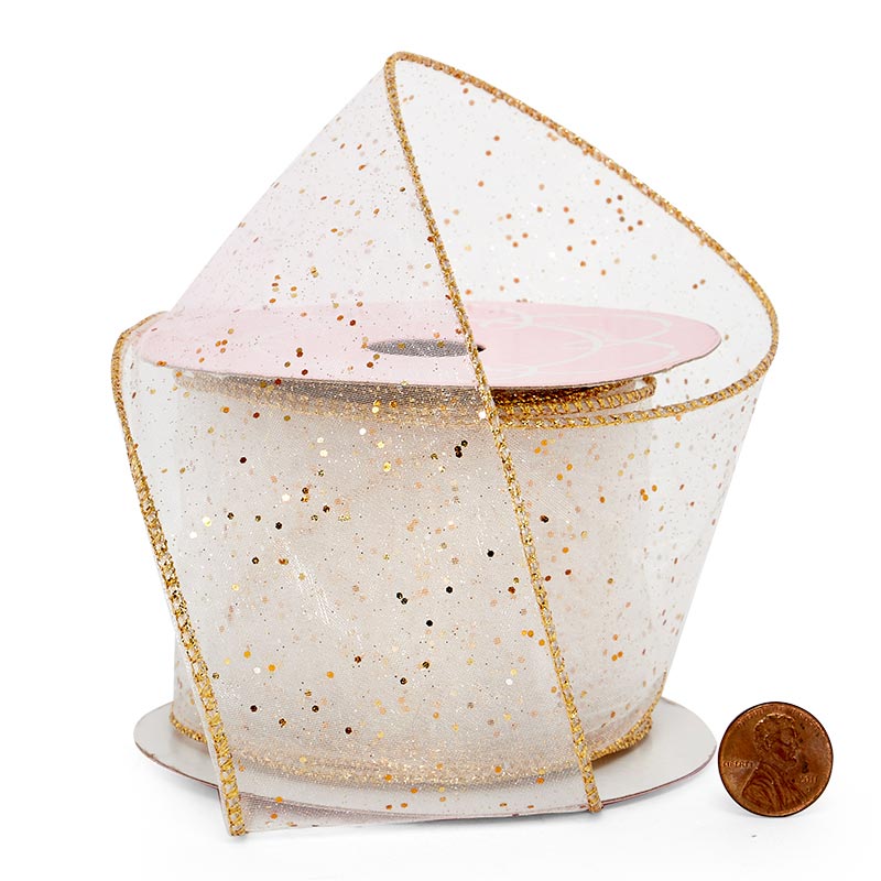 Gold Dots On Sheer Organza Wired Ribbon 2 1/2 '' X 10 yd - 1 / ROLL