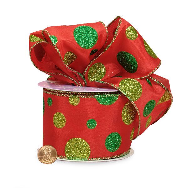 Bubble Dots Glitter Wired Satin Ribbon 2 1/2 '' X 10 yd Red / Green Color 1 / roll