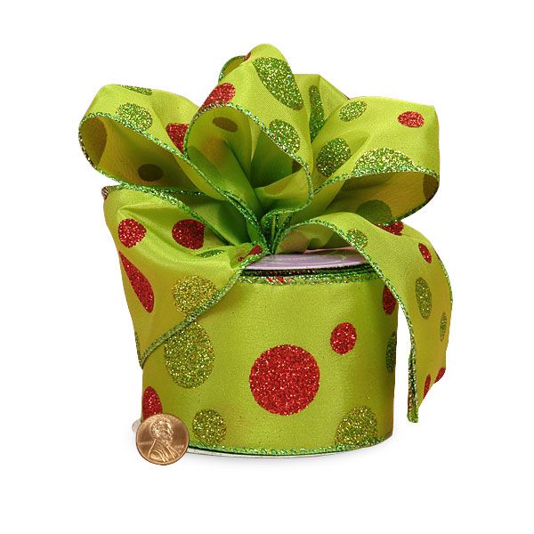 Bubble Dots Glitter Wired Satin Ribbon 2 1/2 '' X 10 yd Green / Red Color 1 / roll