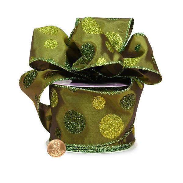 Bubble Dots Glitter Wired Satin Ribbon 2 1/2 '' X 10 yd Old Willow / Green Color 1 / roll