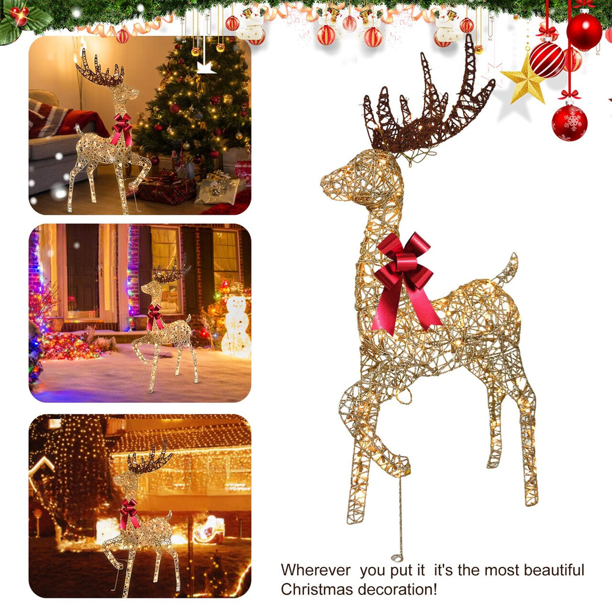 Holiday LED Brown Reindeer with Sleigh, Warm White Twinkling Christmas Lights