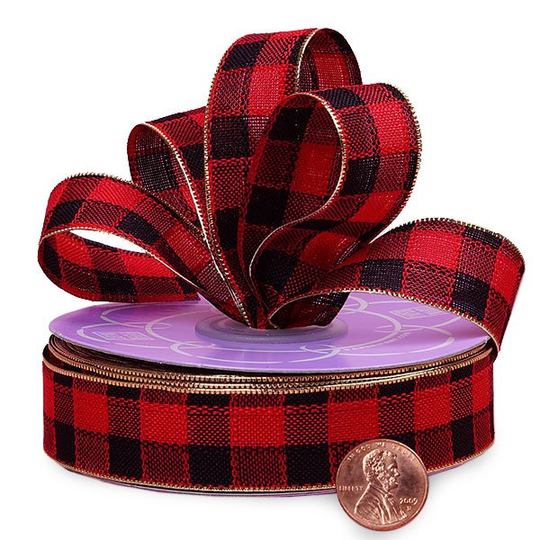 Faux Linen Plaid Ribbon 7/8 '' X 25 yd - Red Color 1 / ROLL