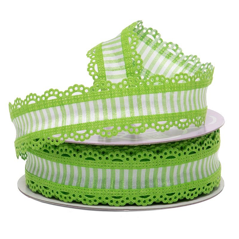 Striped with Lace Edge Wired Ribbon 1 1/2 '' X 25 yd - Green Color 1 / ROLL