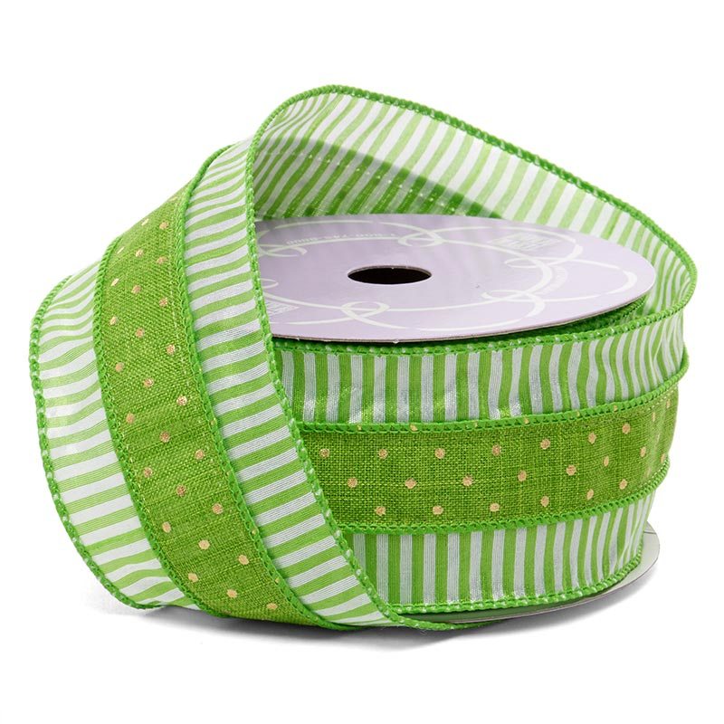 Romano Dots & Lines Wired Ribbon 2 1/2 '' X 10 yd Lime Color 1 / ROLL