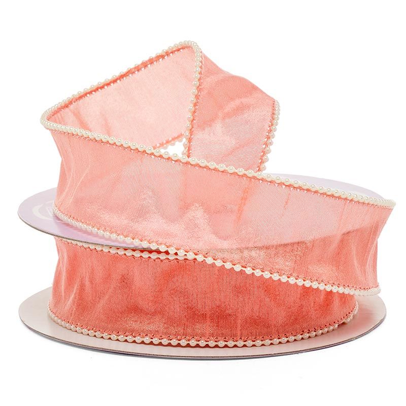 Pearl Trim Dupioni Wired Ribbon 1 1/2 '' X 10 yd Coral Color 1 / ROLL