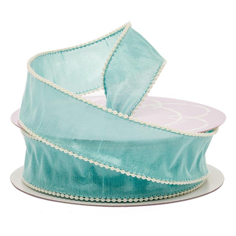 Pearl Trim Dupioni Wired Ribbon 1 1/2 '' X 10 yd Aqua Color 1 / ROLL