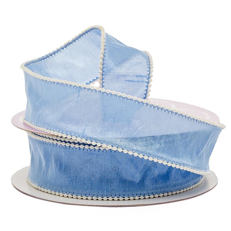 Pearl Trim Dupioni Wired Ribbon 1 1/2 '' X 10 yd Copenhagen Blue Color 1 / ROLL