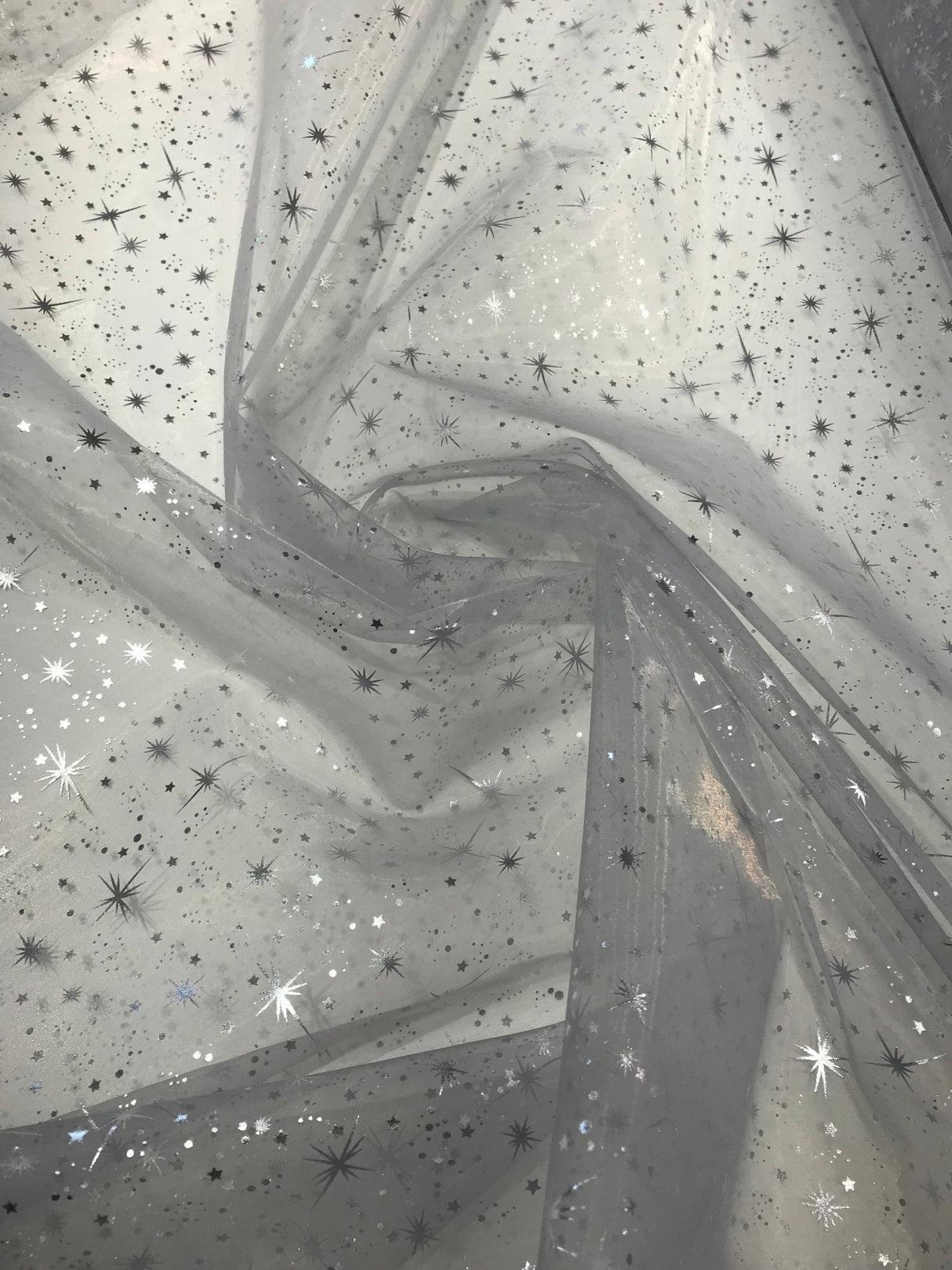 Silver Mirror Organza Fabric - Silver Foil Stars, 58" X 58" Square (1 Piece)