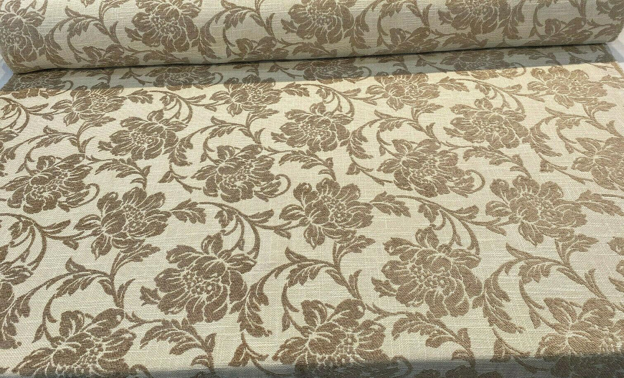 Ambience Linen Chenille Upholstery Fabric - Antique Brown Floral On Beige, 56" Width (1 Yard)