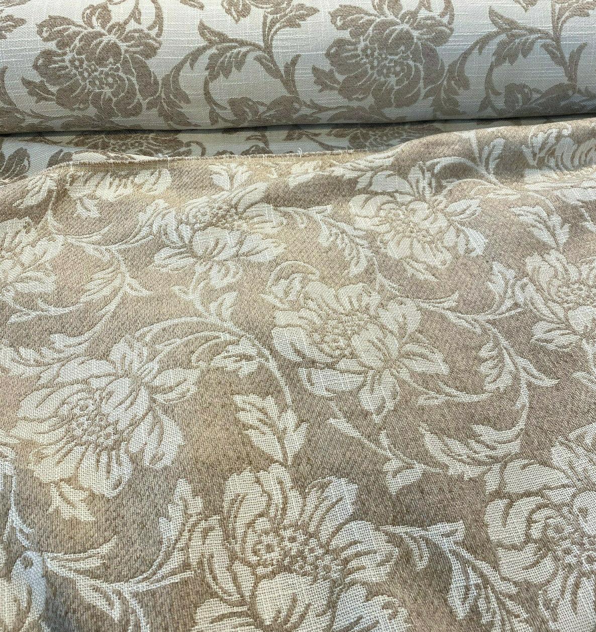 Ambience Linen Chenille Upholstery Fabric - Antique Brown Floral On Beige, 56" Width (1 Yard)