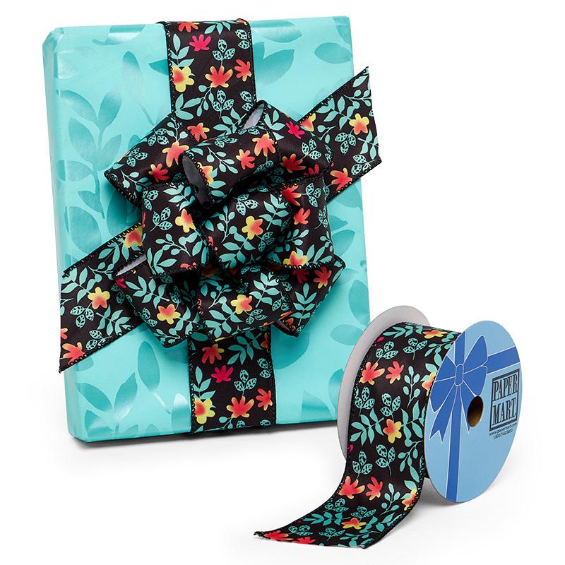 Flowers & Stems On Black Wired Ribbon 2 1/2 '' X 10 yd - 1 / ROLL