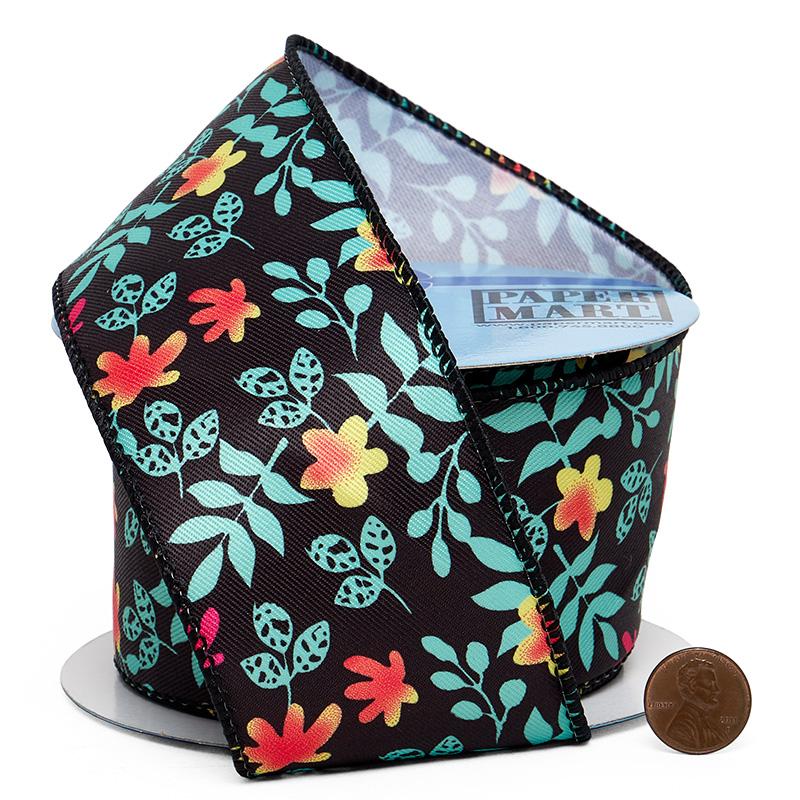 Flowers & Stems On Black Wired Ribbon 2 1/2 '' X 10 yd - 1 / ROLL