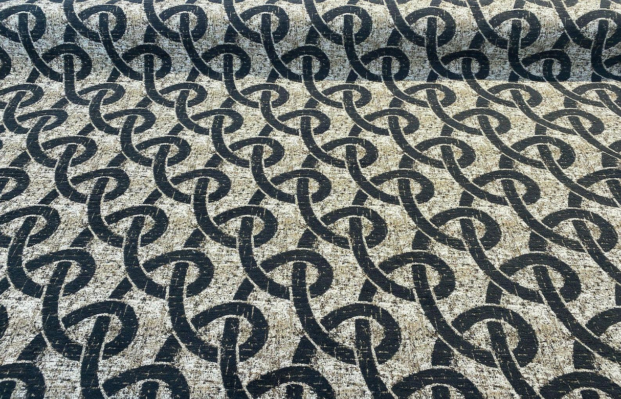 Chain Links Slate M10905 Chenille Fabric - Slate Gray With Beige And Hint Of Gold Background, 58" Width (1 Yard)