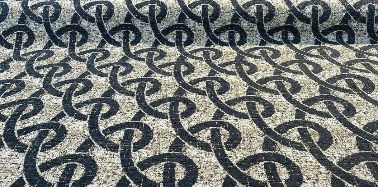 Chain Links Slate M10905 Chenille Fabric - Slate Gray With Beige And Hint Of Gold Background, 58" Width (1 Yard)