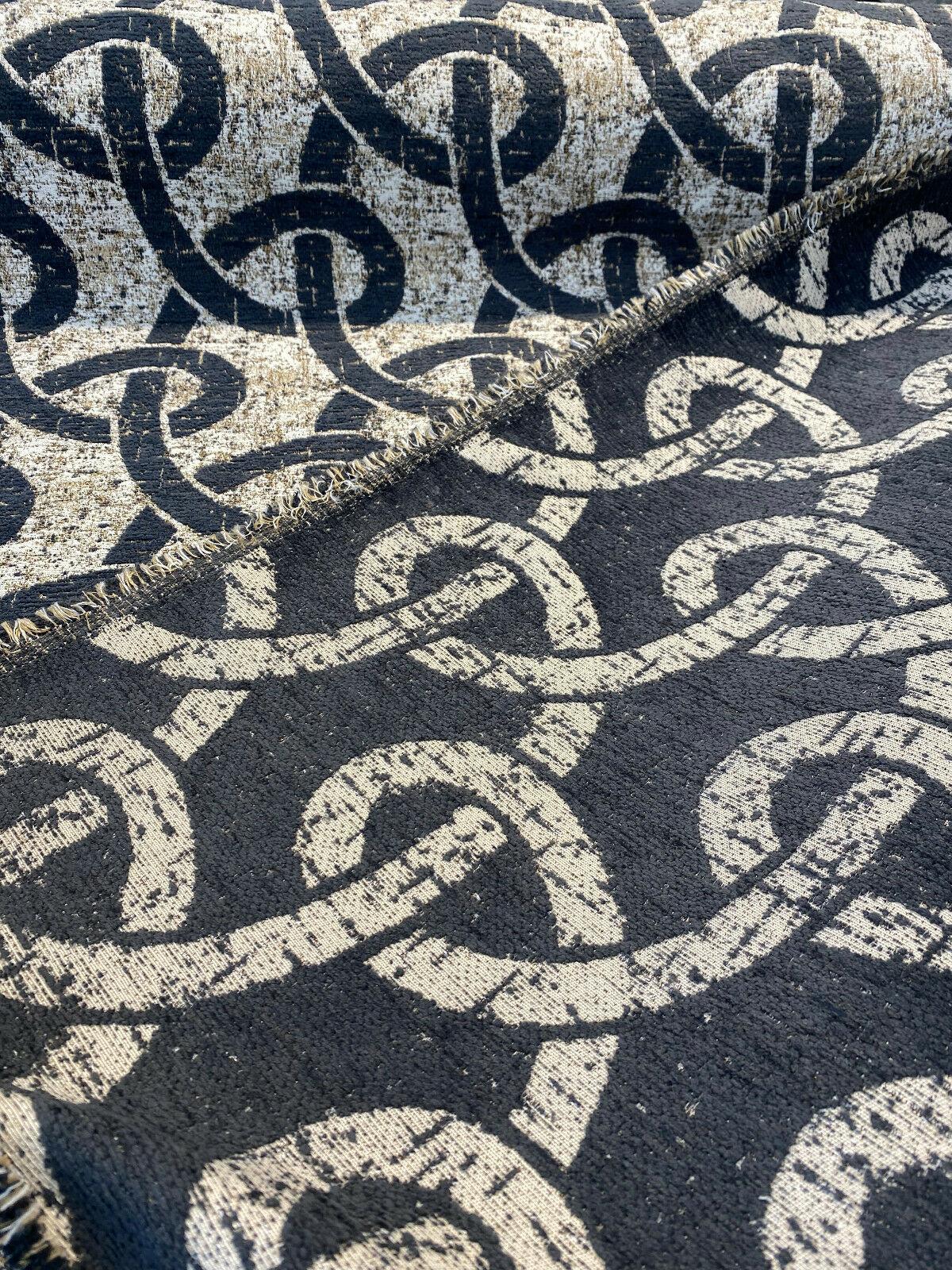 Chain Links Slate M10905 Chenille Fabric - Slate Gray With Beige And Hint Of Gold Background, 58" Width (1 Yard)