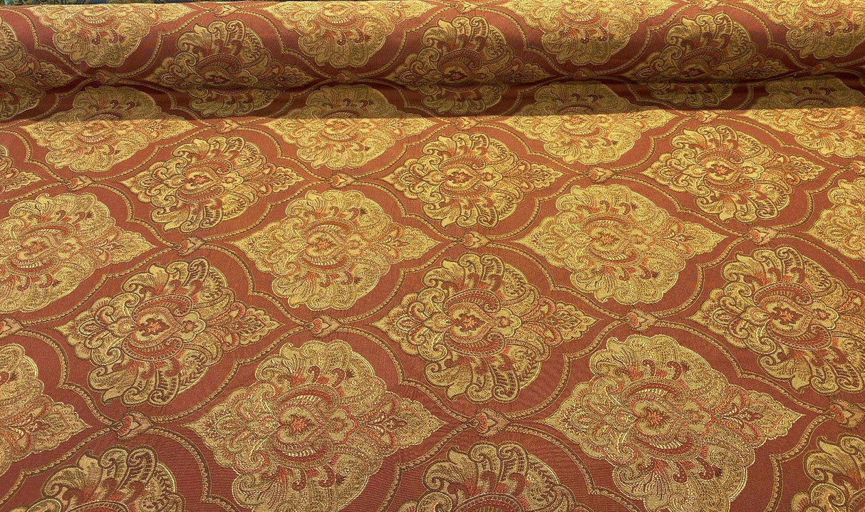 Artifact Red Garnet M8982 Barrow Jacquard Brocade Fabric - Red, Antique Gold, Taupe Jacquard Brocade, 25,000 Double Rubs (1 Yard)