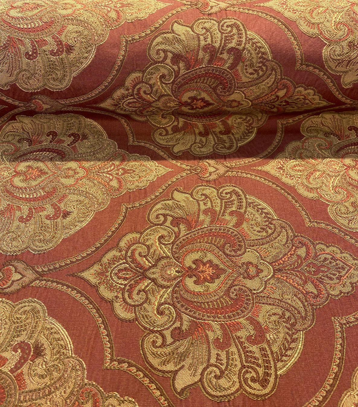 Artifact Red Garnet M8982 Barrow Jacquard Brocade Fabric - Red, Antique Gold, Taupe Jacquard Brocade, 25,000 Double Rubs (1 Yard)