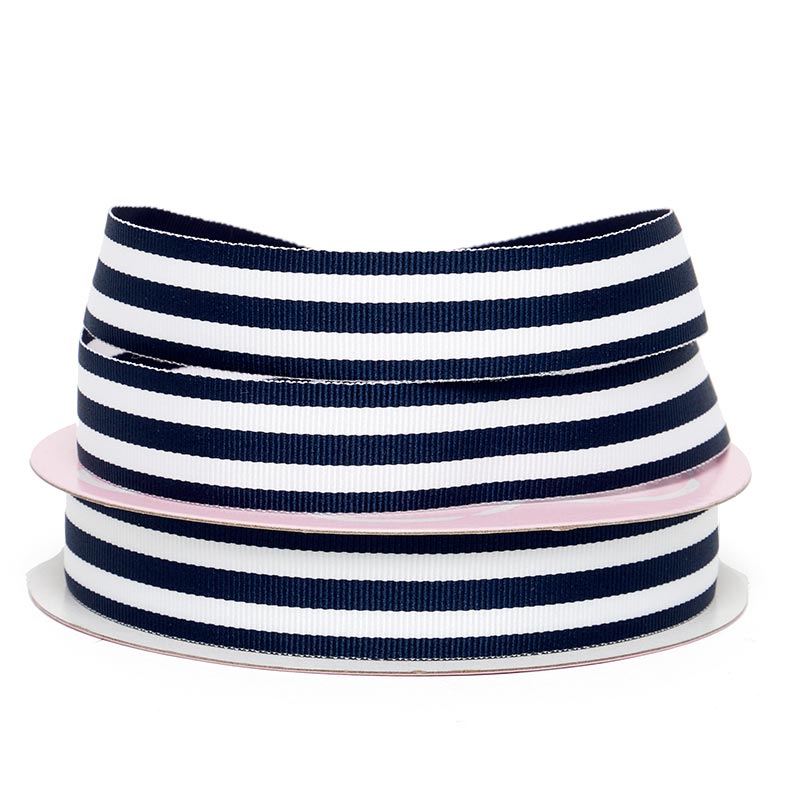Navy Jenna Striped Grosgrain Ribbon – 5/8" x 25 Yards (1 Roll)