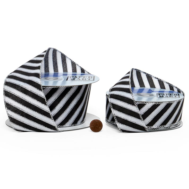 Black & White Diagonal Striped Wired Ribbon 1 1/2 '' X 25 yd Color 1 / ROLL