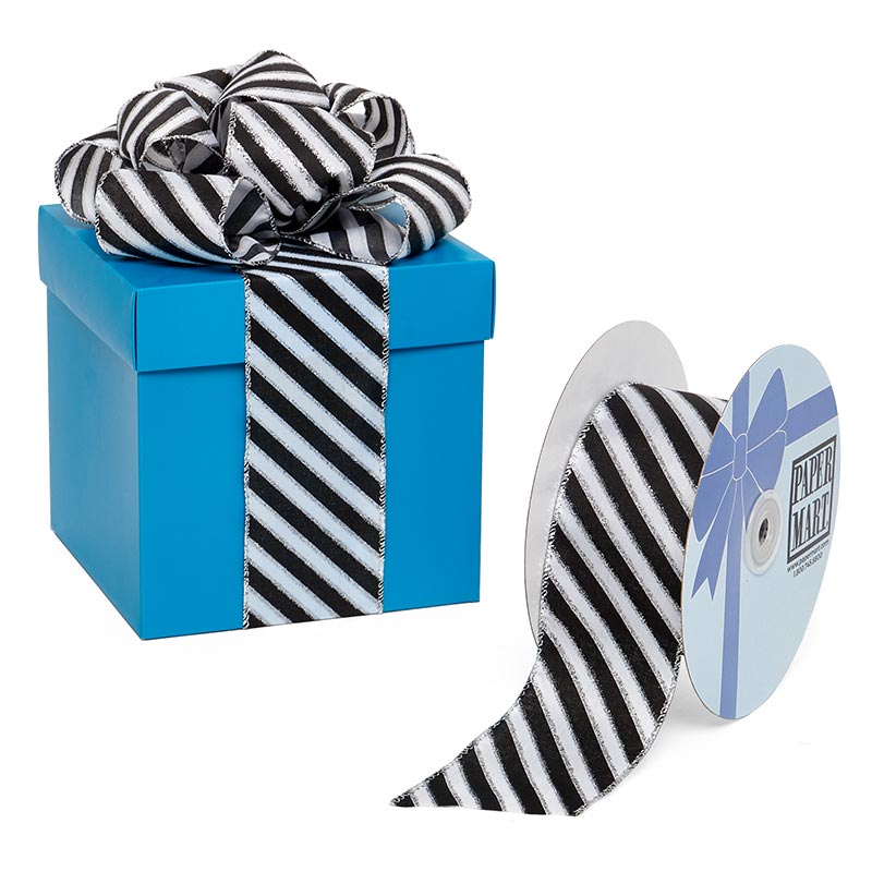 Black & White Diagonal Striped Wired Ribbon 1 1/2 '' X 25 yd Color 1 / ROLL