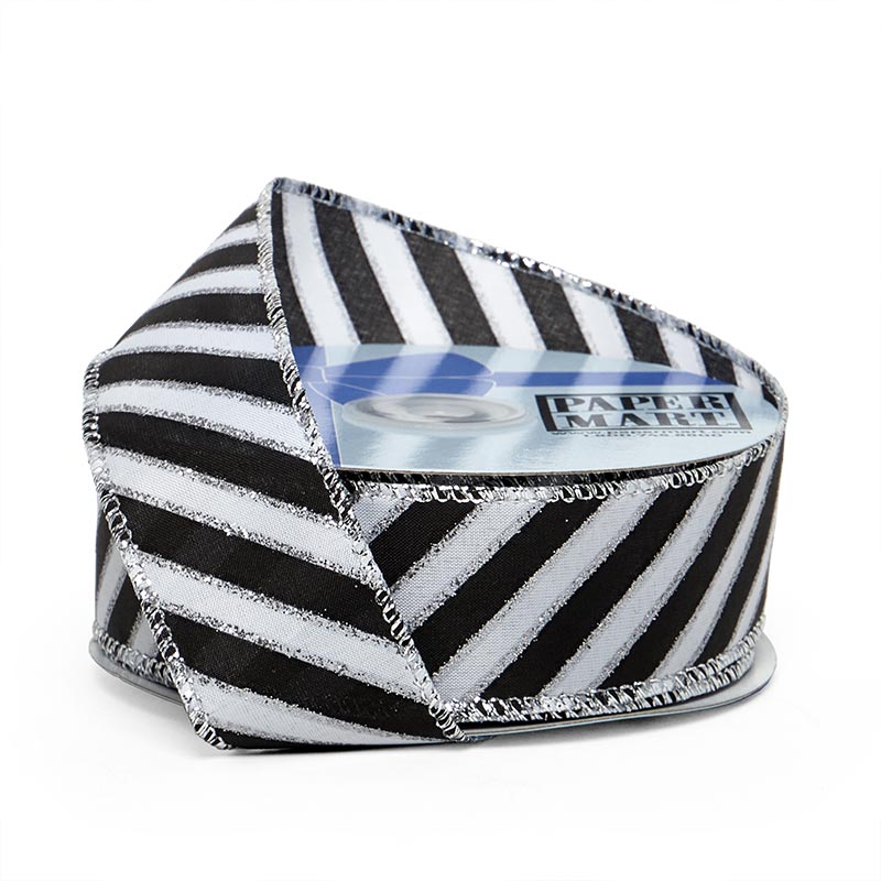 Black & White Diagonal Striped Wired Ribbon 1 1/2 '' X 25 yd Color 1 / ROLL