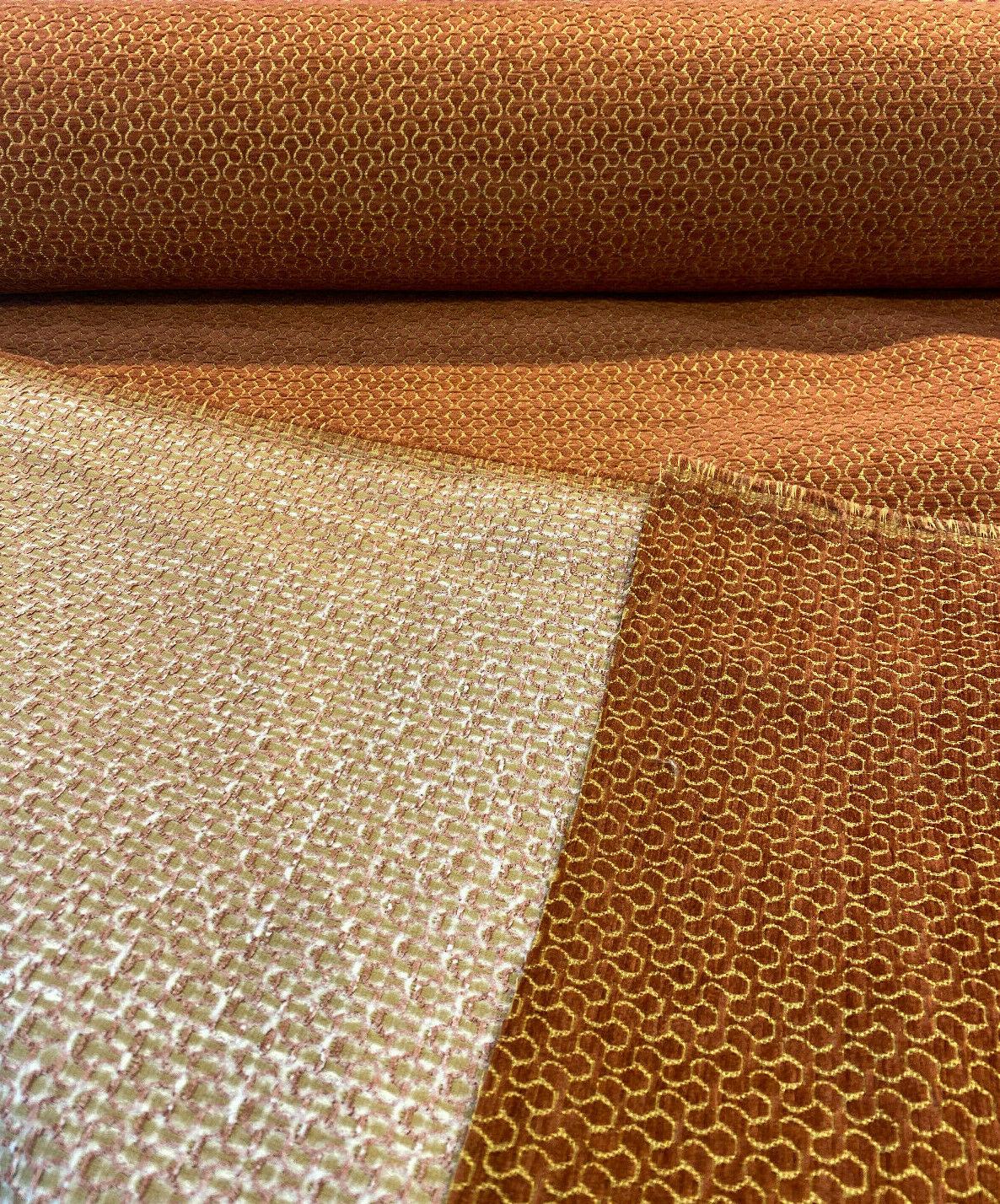 Whalehead Lacquer Rustic Barrow Chenille Upholstery Fabric - Rustic Orange With Gold Design, 56" Width (By The Yard)