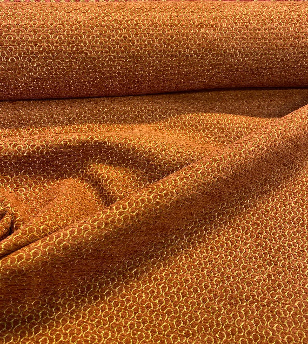 Whalehead Lacquer Rustic Barrow Chenille Upholstery Fabric - Rustic Orange With Gold Design, 56" Width (By The Yard)