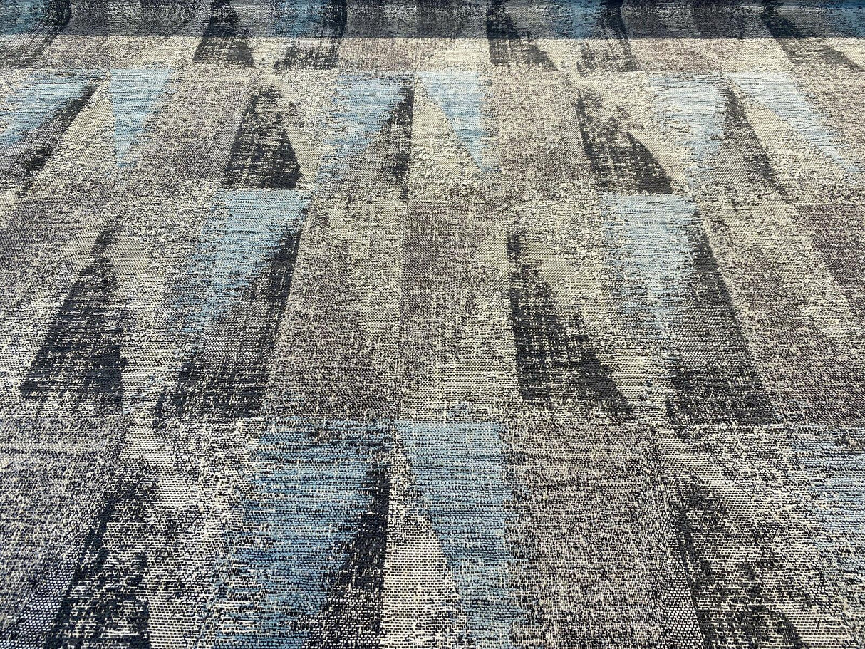 Old Town Blue Haze Chenille Upholstery Fabric - Light Blue, Teal, Gray, Silver, And Black Geometric, 55" Width (1 Yard)