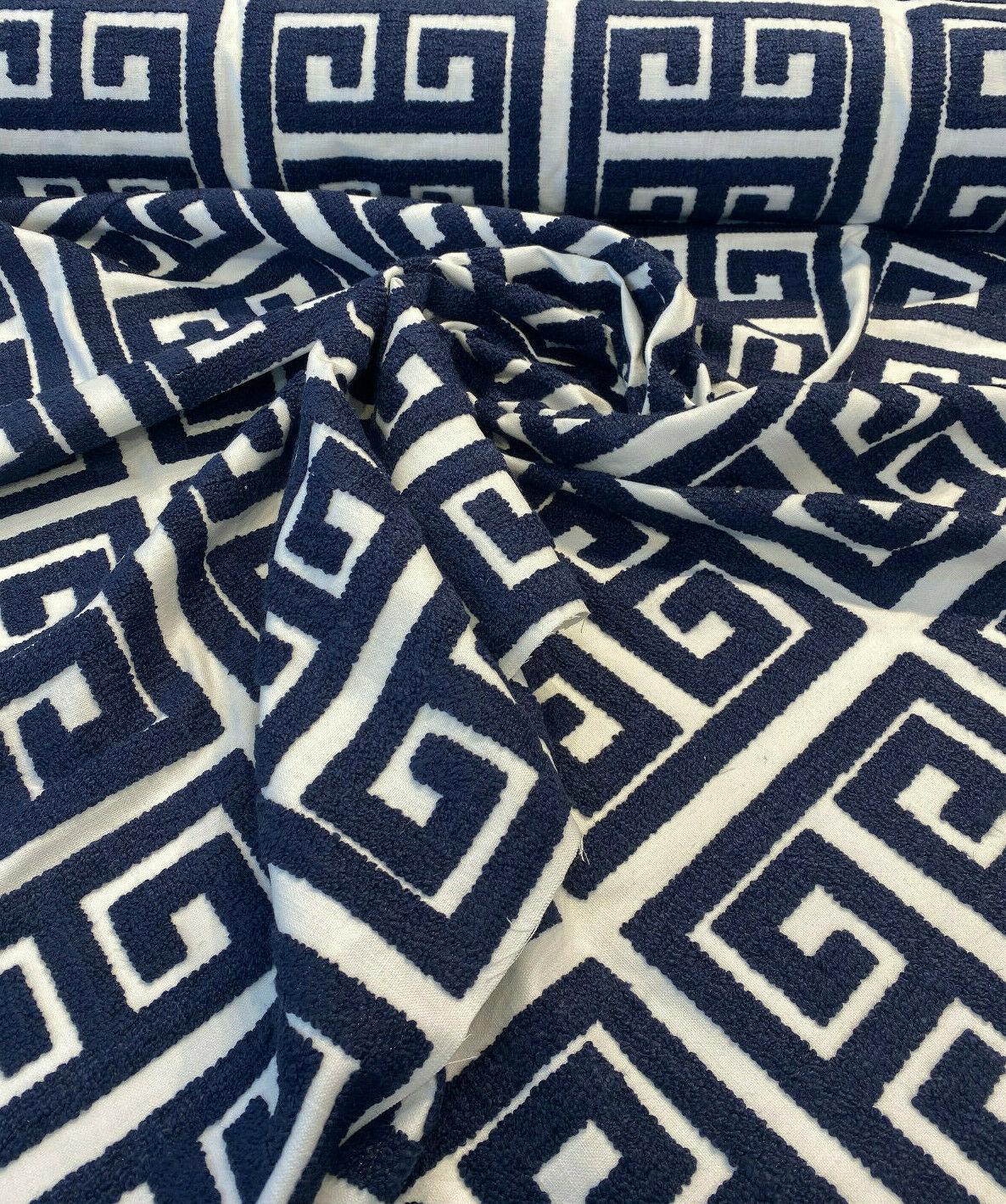 Sure Shot Embroidered Drapery Upholstery Fabric - Ink Blue, White Base, 54" Width (1 Yard)