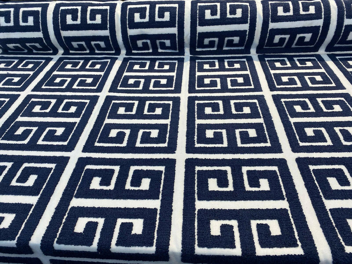 Sure Shot Embroidered Drapery Upholstery Fabric - Ink Blue, White Base, 54" Width (1 Yard)