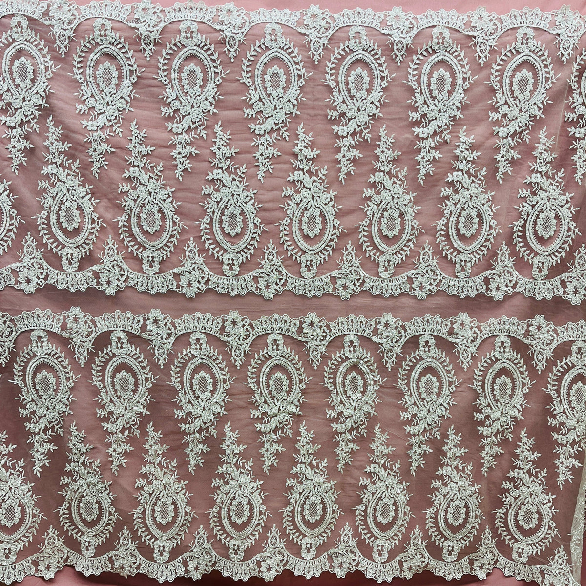 1 Yard 48" Wide Beaded & Corded Lace Fabric Embroidered on 100% Polyester Net Mesh