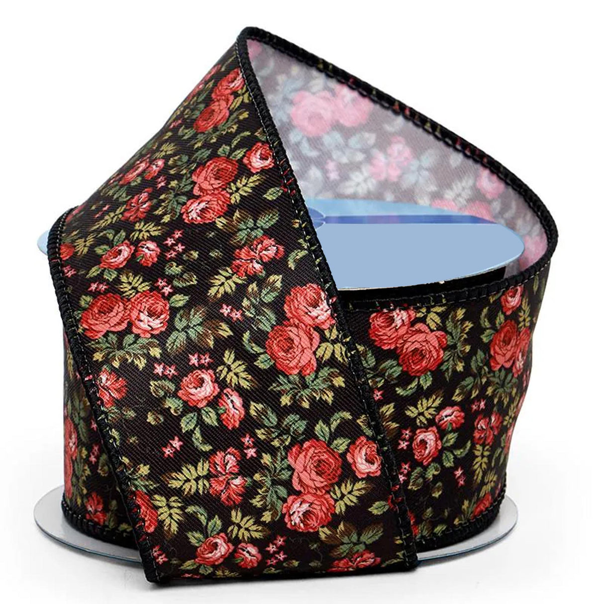 Mini Roses On Wired Ribbon 2 1/2 '' X 10 yd Black Color 1 / ROLL