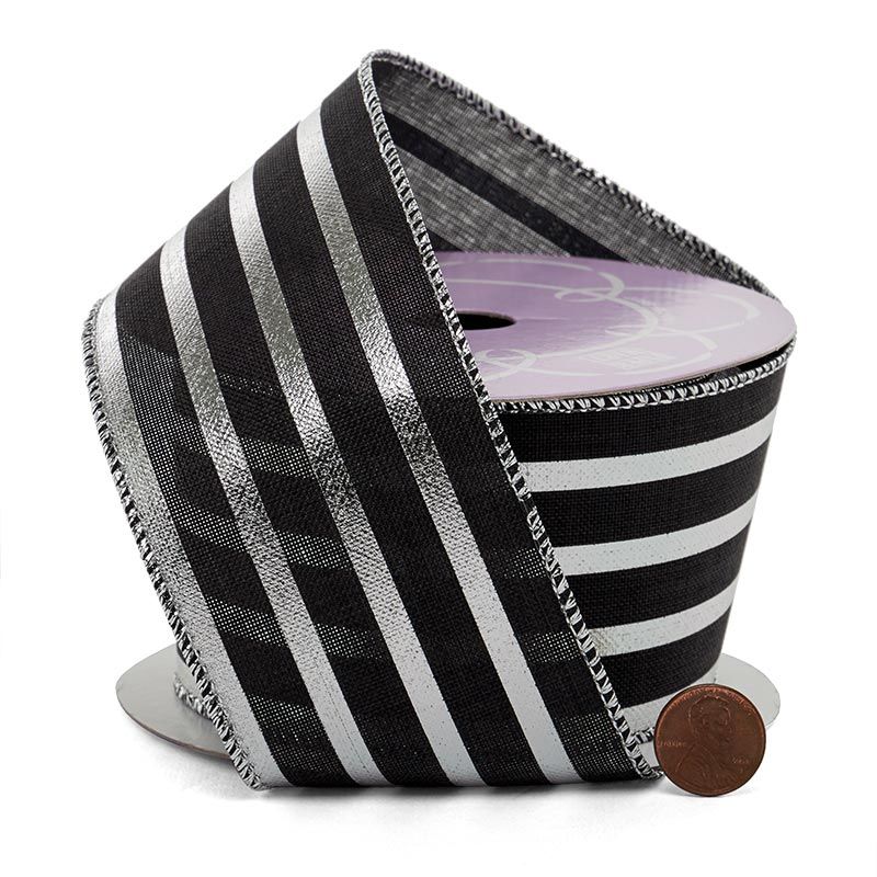 Silver & Black Striped Metallic Wired Ribbon 2 1/2 '' X 10 yd - 1 / ROLL